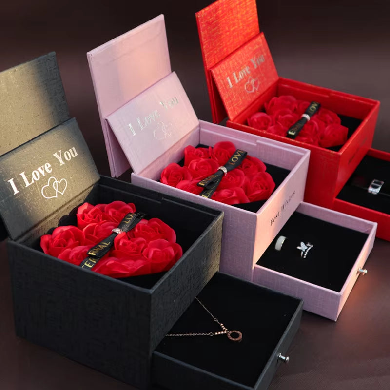 I Love You Heart Rose Gift Box for Women Girlfriend Christmas Gifts 2023 New in Fashion Romantic Necklace Ring Jewelry Box